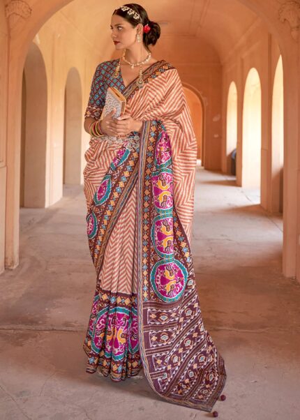 Brown & White Patola Silk Saree