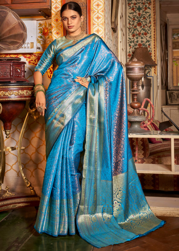 Lake Blue Kanjivaram Silk Saree