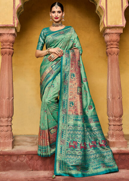 Mint Turquoise Banarasi Silk Saree