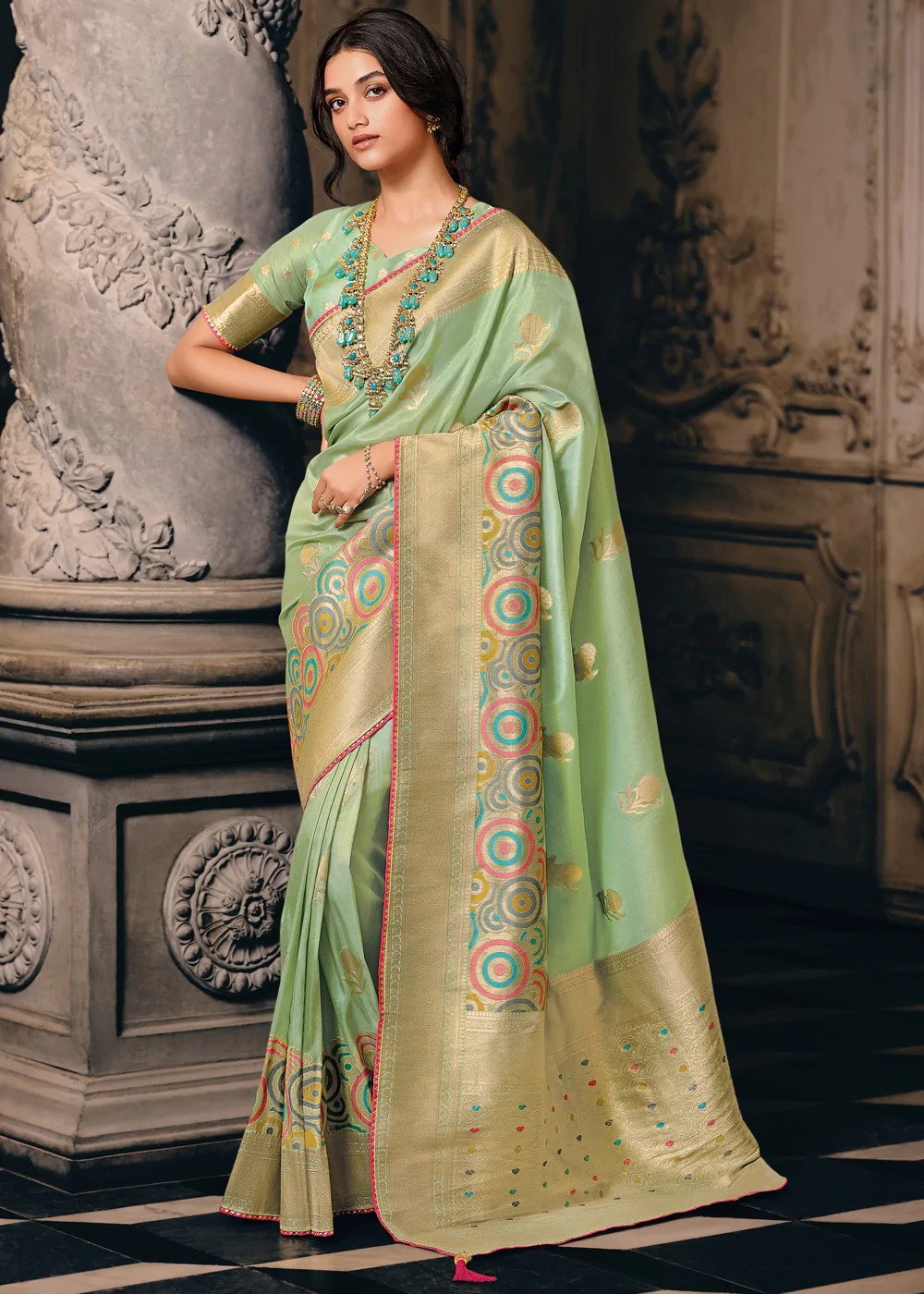 Pastel Green Woven Banarasi Tissue Silk Saree - Urban Womania