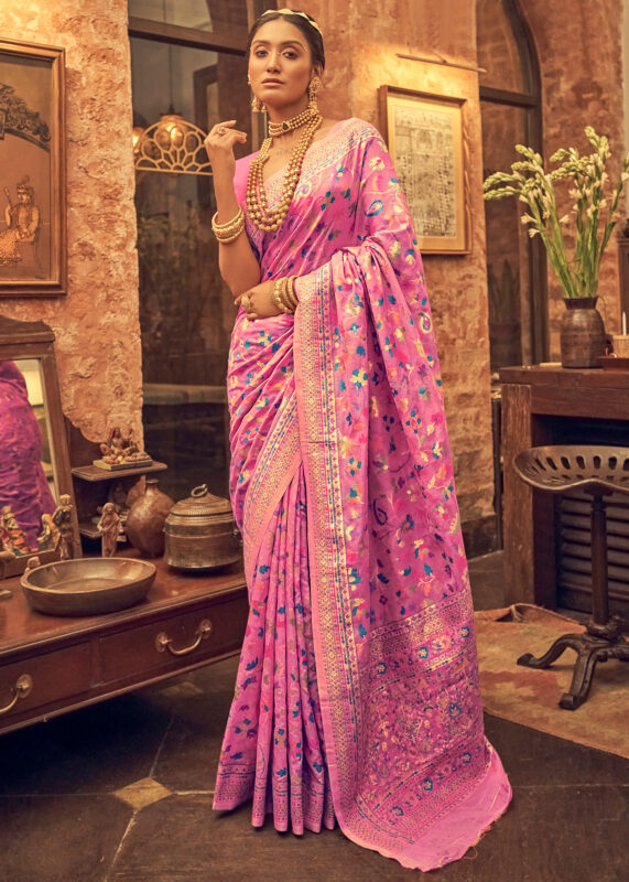 Pink Kashmiri Jamawar Saree