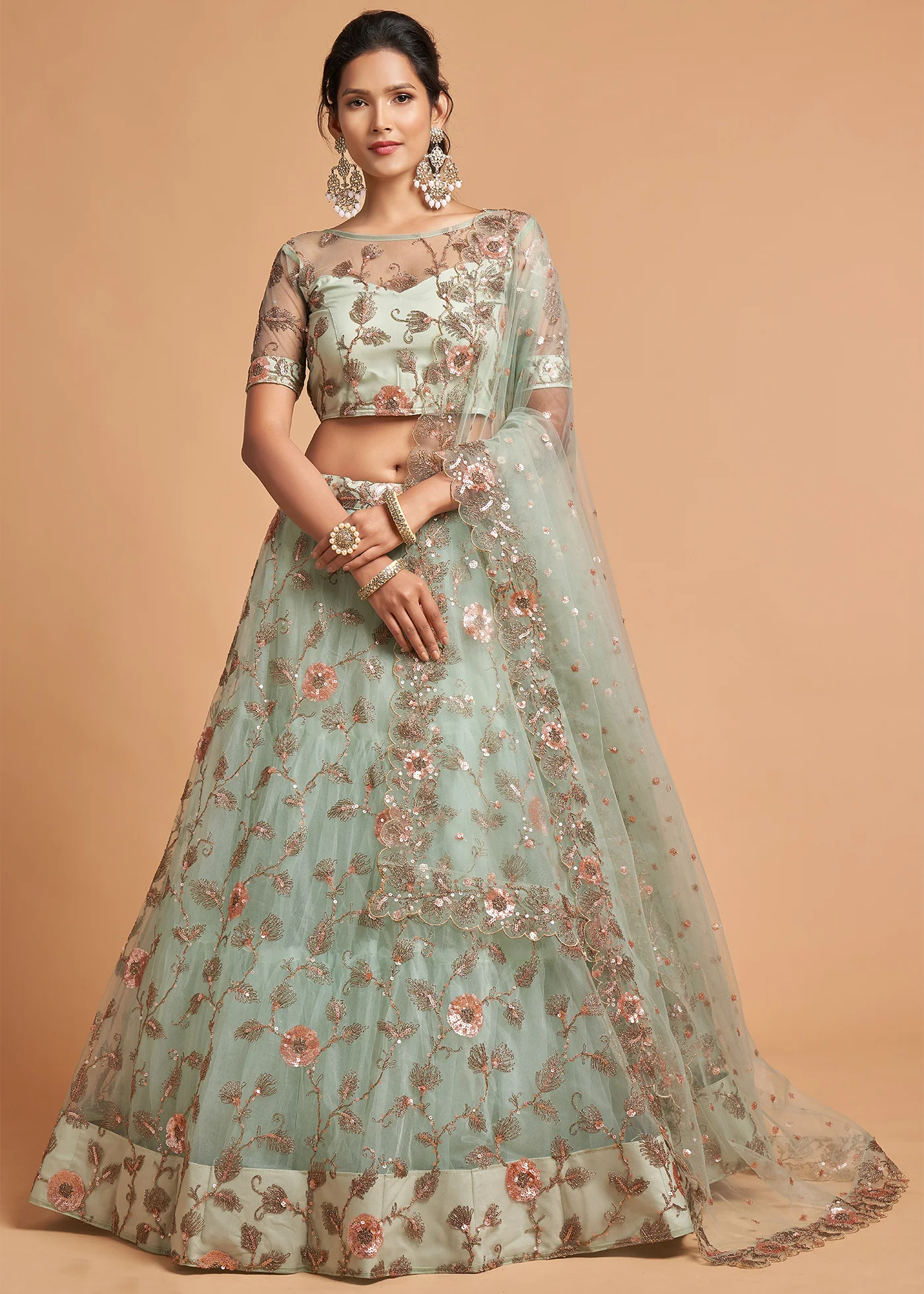 Classy Sky Blue and Pink colored printed Lehenga Set - Rent