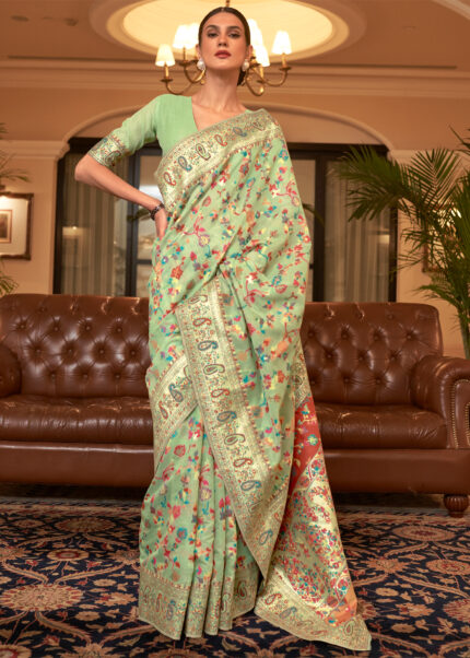 Spring Green Jamawar Saree