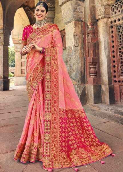 Taffy Pink Woven Banarasi Saree