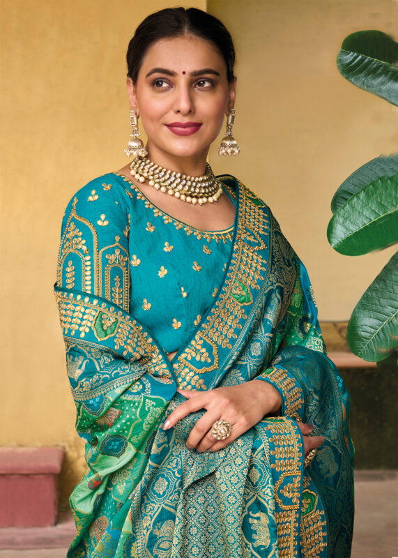 Blue Green Banarasi Silk Saree