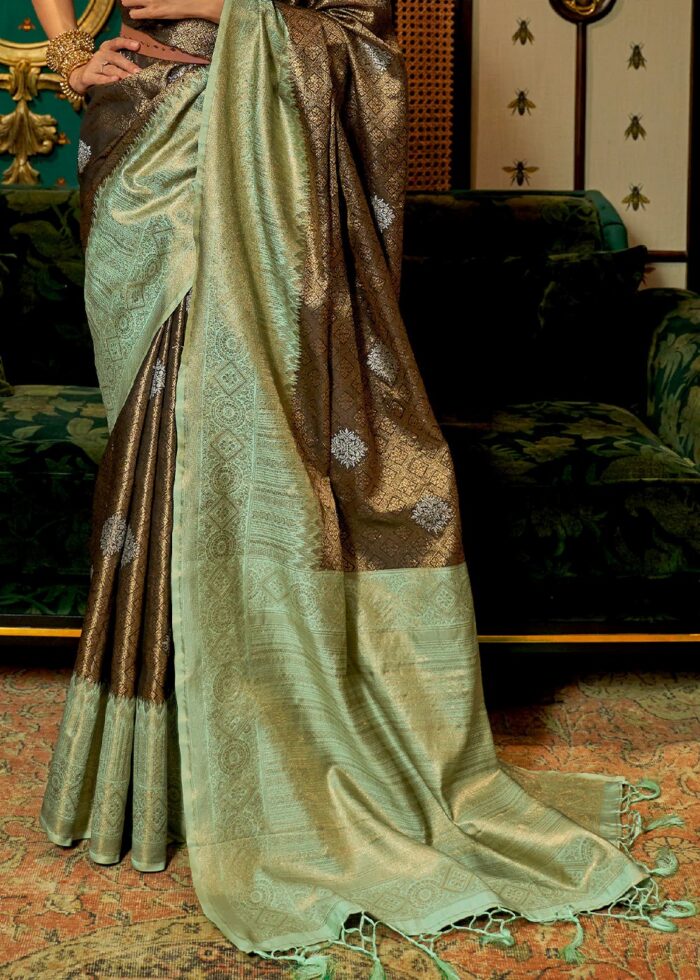 Brown & Green Banarasi Saree