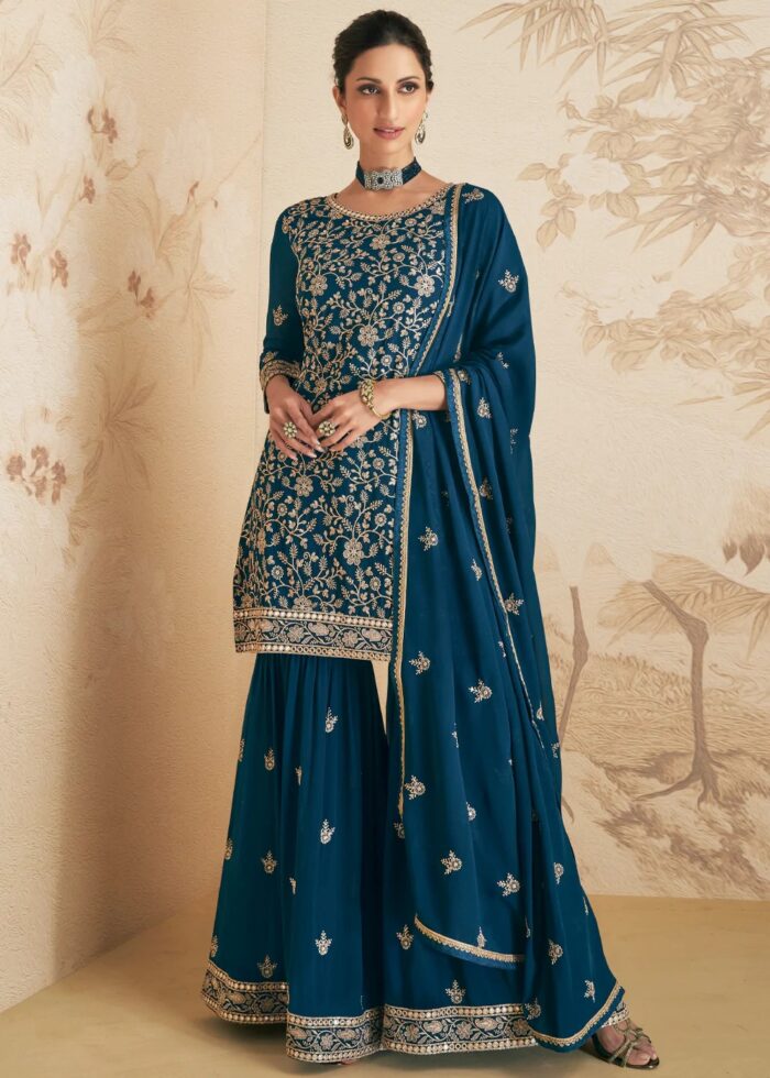 Coral Blue Embroidered Sharara