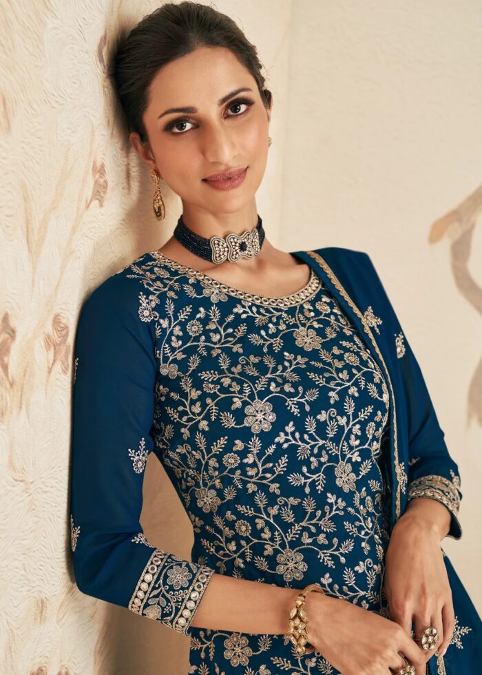 Coral Blue Embroidered Sharara