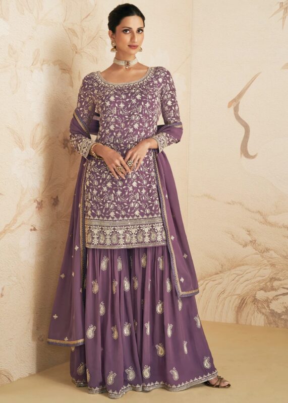 Lavender Purple Embroidered Sharara