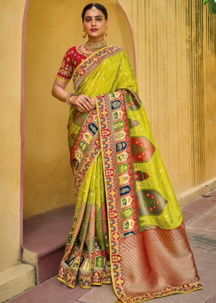 Lemon Green Banarasi Silk Saree