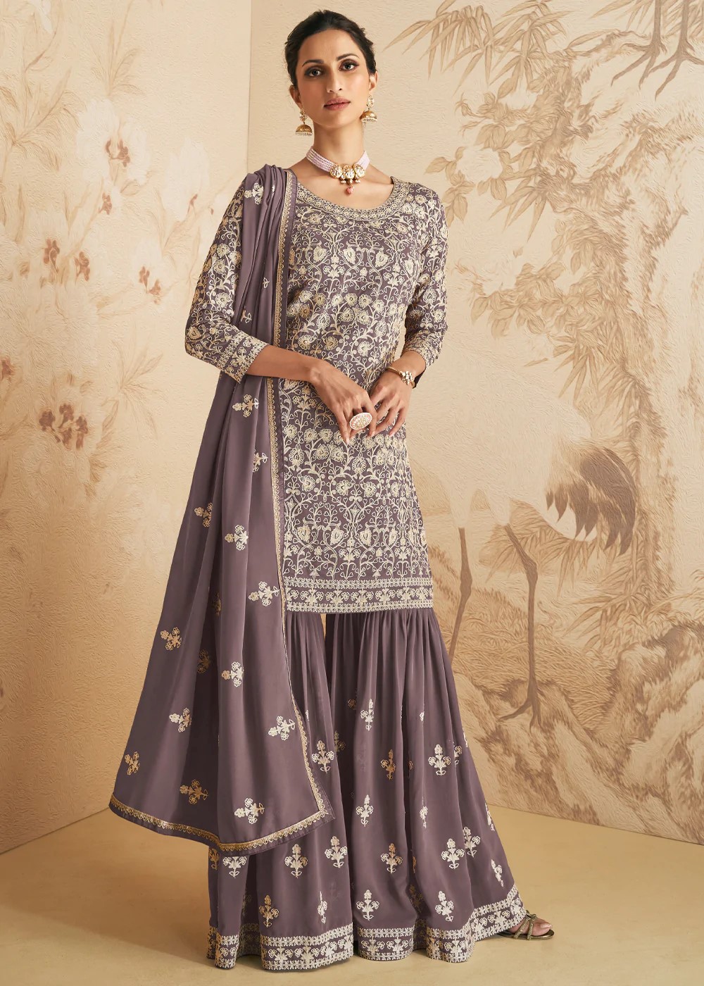 light mauve embroidered sharara suit