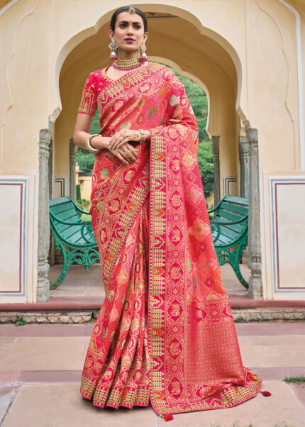 Pink Orange Banarasi Silk Saree