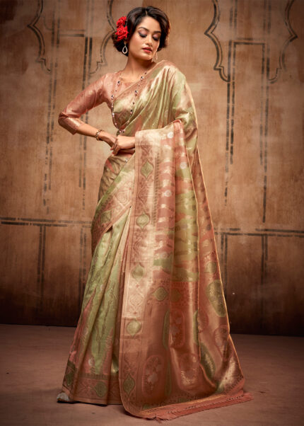 Pista Green Banarasi Organza Saree