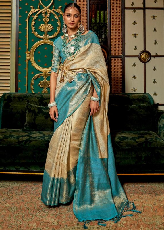 White & Blue Banarasi Saree