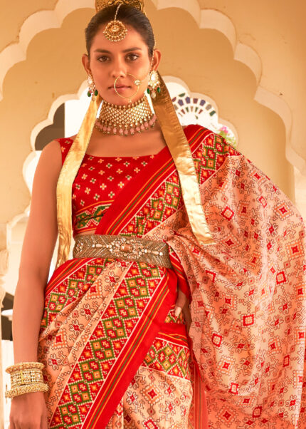 Apricot Pink Printed Patola Saree