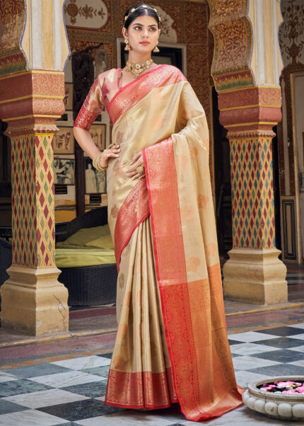 Beige Banarasi Tissue Silk Saree