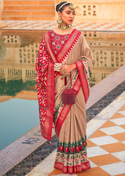 Beige Printed Patola Silk Saree