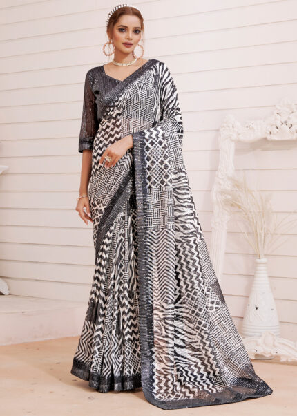 Black White Designer Sequins Saree