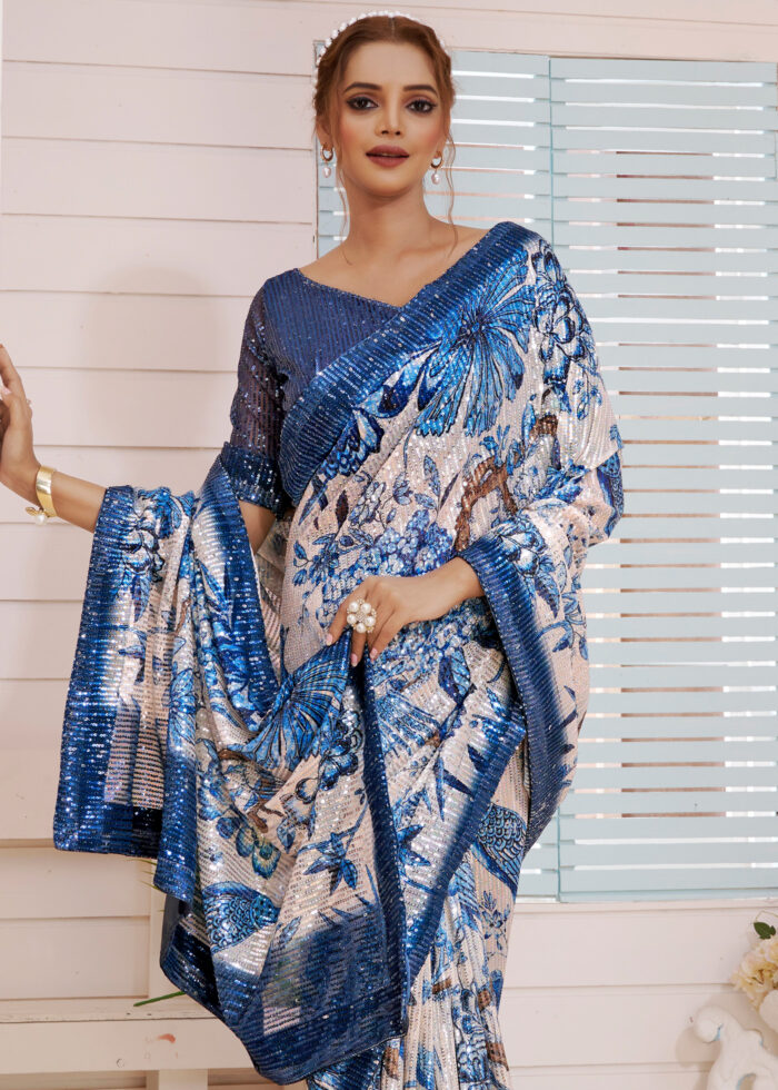 Blue White Designer Sequins Saree