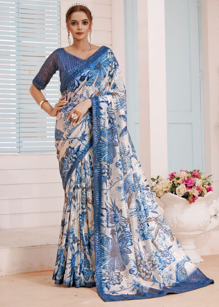 Blue White Designer Sequins Saree