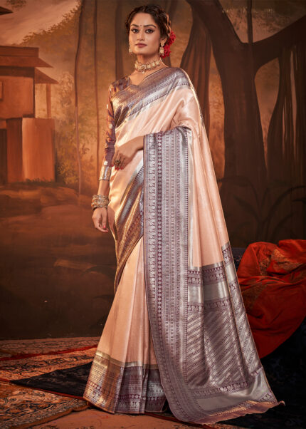 Blush Peach Woven Kanjivaram Silk Saree