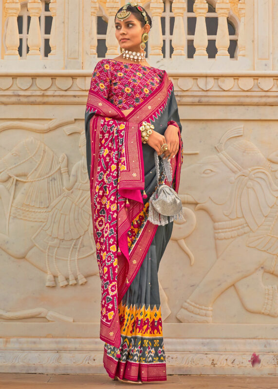 Gray Printed Patola Silk Saree