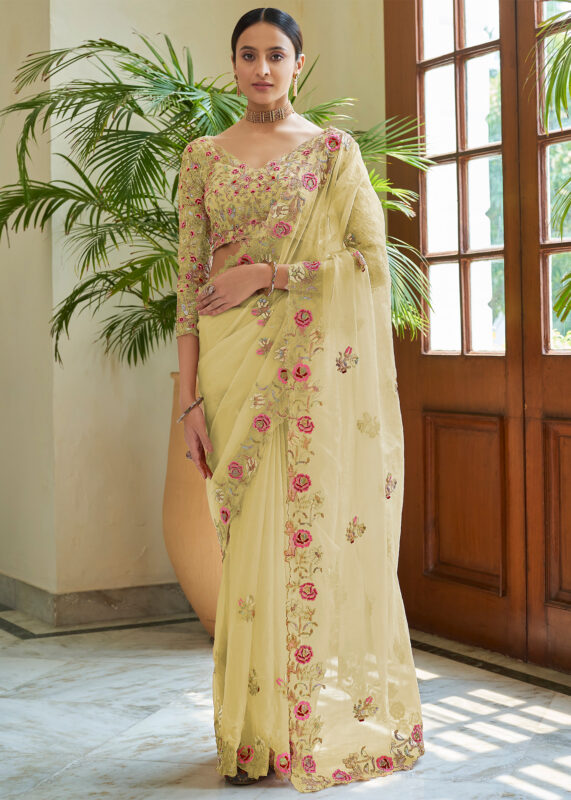 Lime Yellow Embroidered Organza Saree