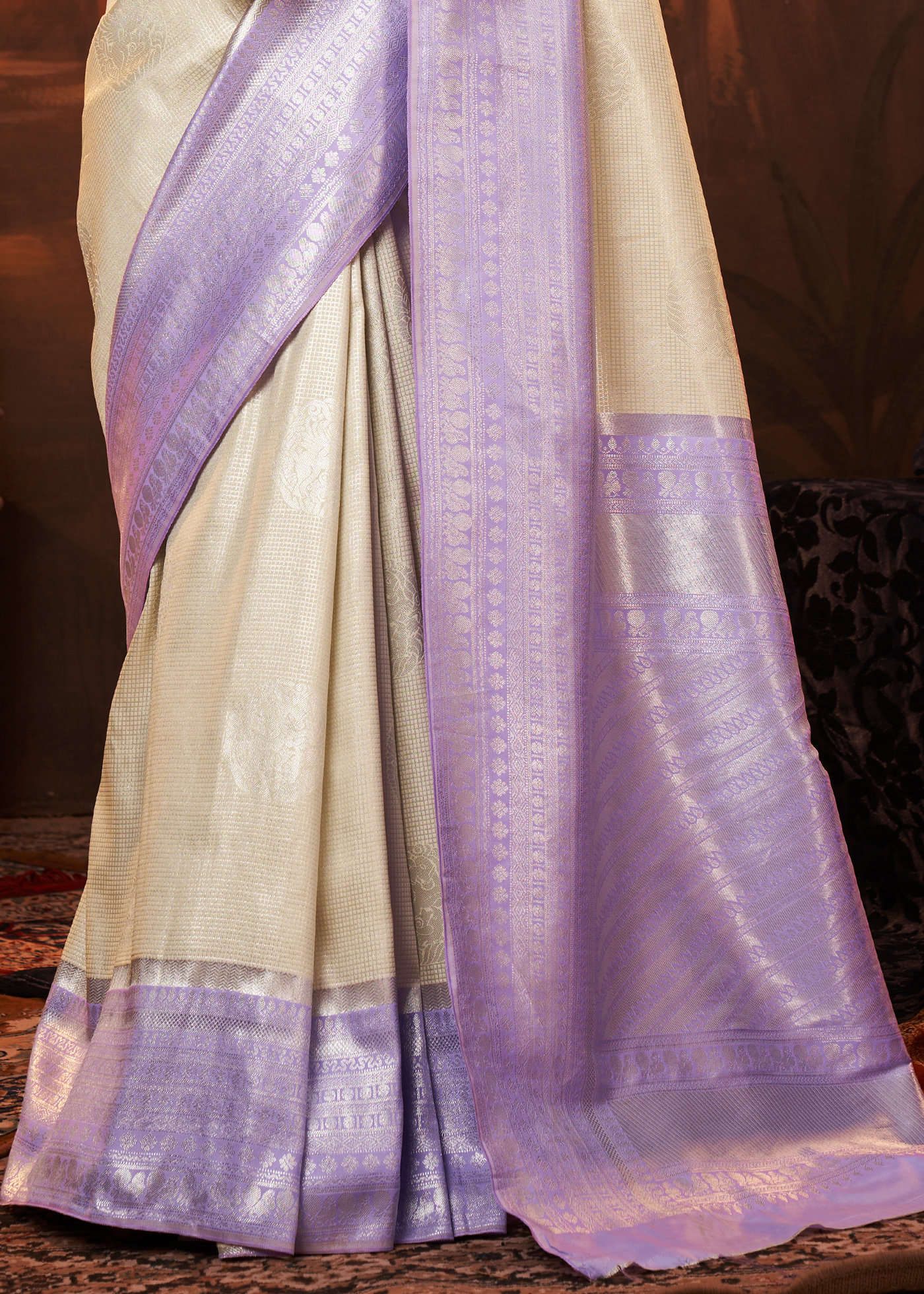 Lavender Shaded Kanchipuram Silk Cut Dana Saree and Lavender Shaded Kanchipuram  Silk Cut Dana Sari Online Shopping