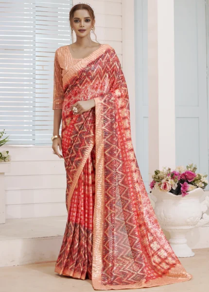 Peach Designer Sequins Saree