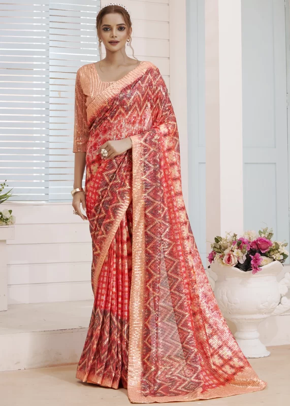 Peach Designer Sequins Saree