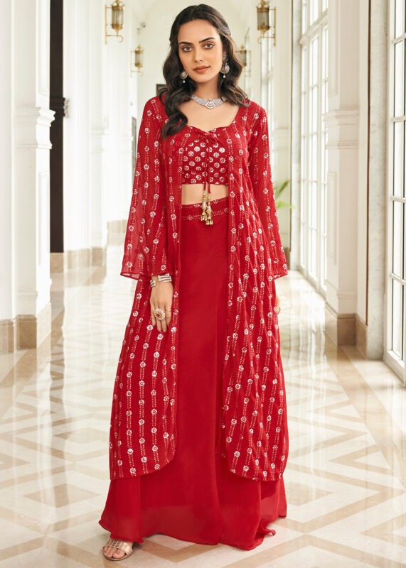 Red Indo-Western Crop Top Skirt Set with Shrug