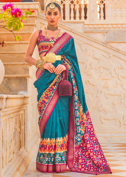 Teal Blue Printed Patola Saree