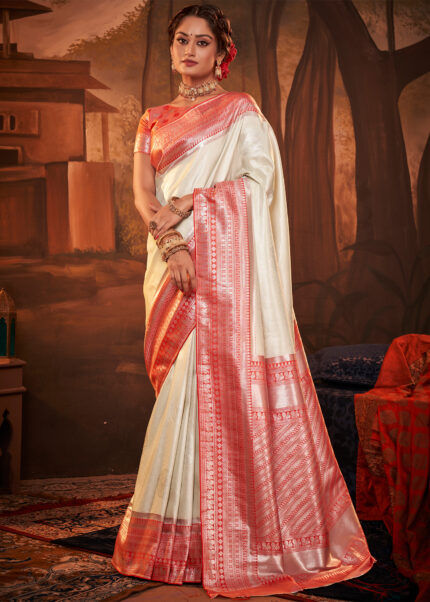 White Woven Kanjivaram Silk Saree