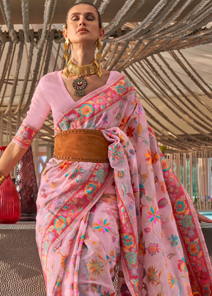 Baby Pink Kashmiri Jamawar Silk Saree