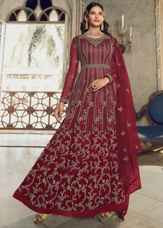 Cardinal Red Heavy Embroidery Anarkali