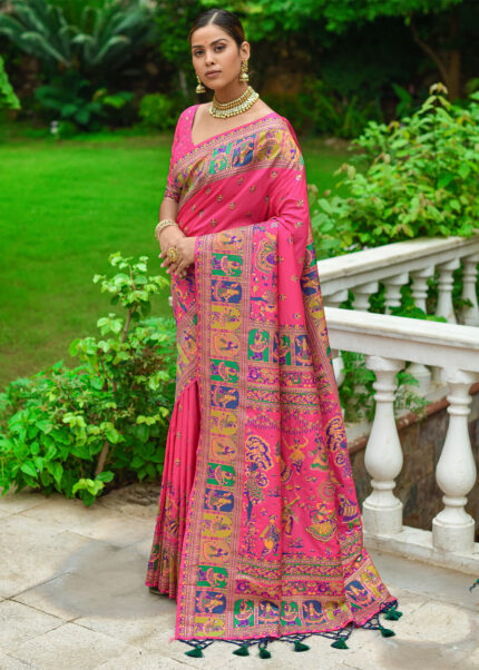 Cerise Pink Kashmiri Jamawar Silk Saree