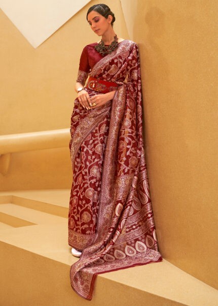 Crimson Red Lucknowi Chikankari Silk Saree