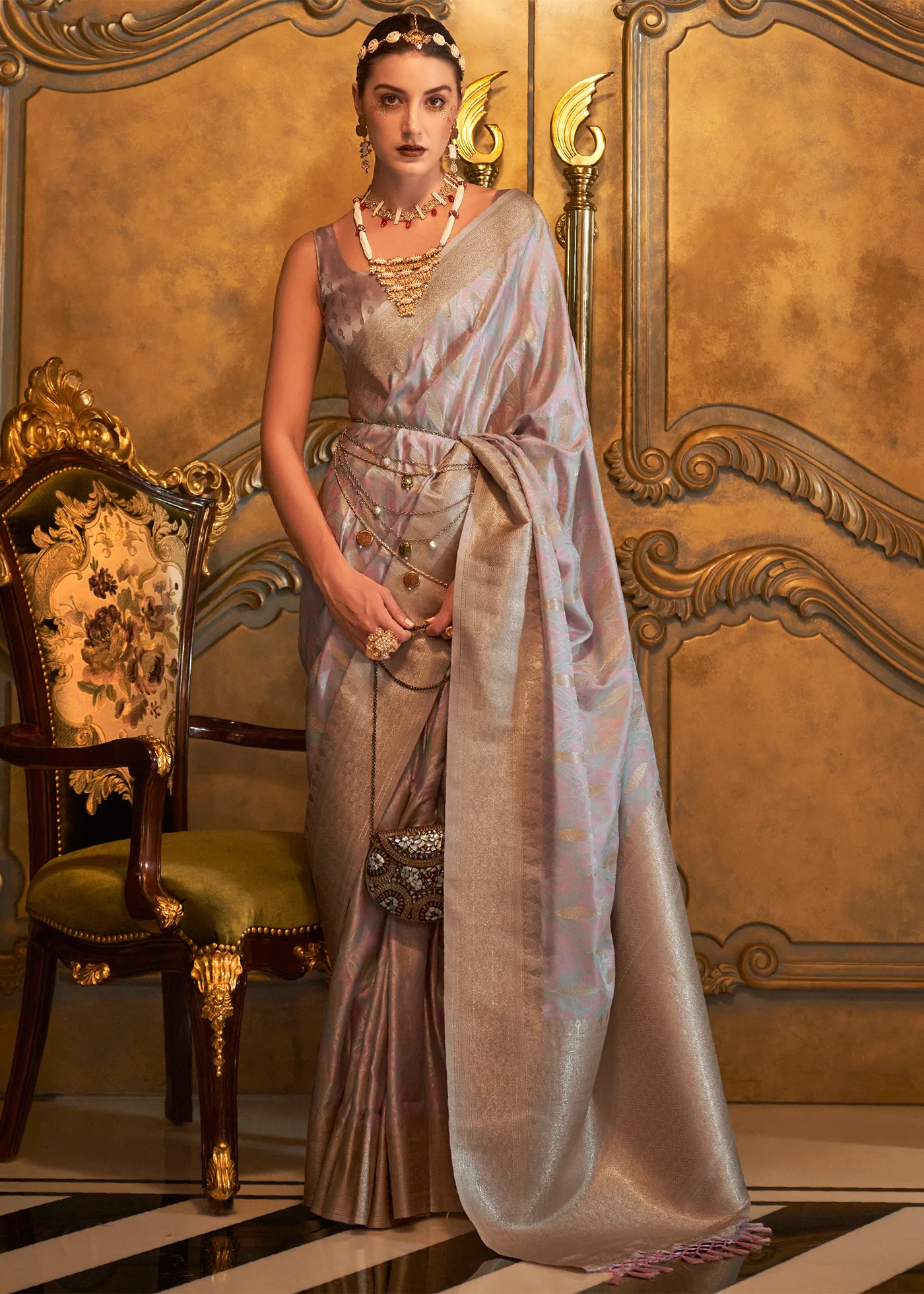 Rose Gold Satin Silk Saree With Handmade Tassels On Pallu