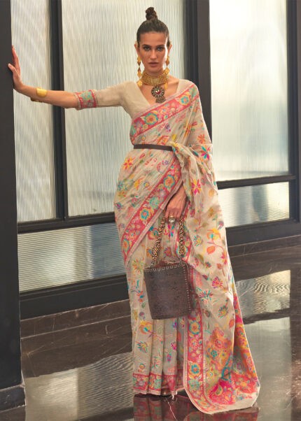 Off White Kashmiri Jamawar Silk Saree