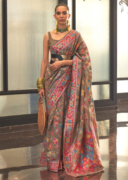 Olive Brown Kashmiri Jamawar Silk Saree