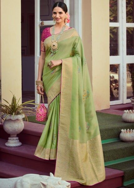 Palm Leaf Green Banarasi Tissue Silk Saree