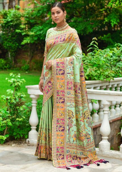 Pista Green Kashmiri Jamawar Silk Saree