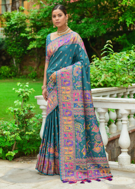 Rama Blue Kashmiri Jamawar Silk Saree