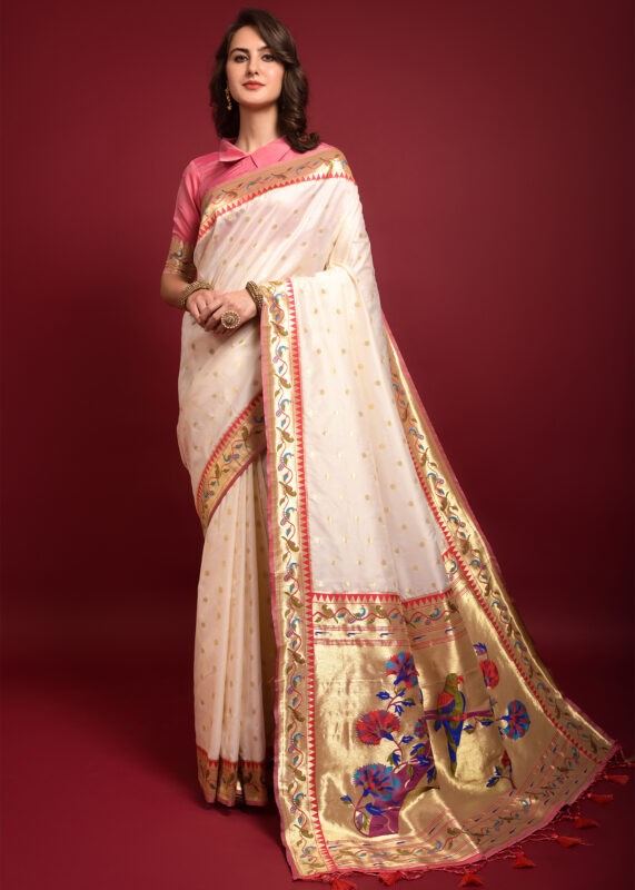 Snow White Paithani Silk Saree