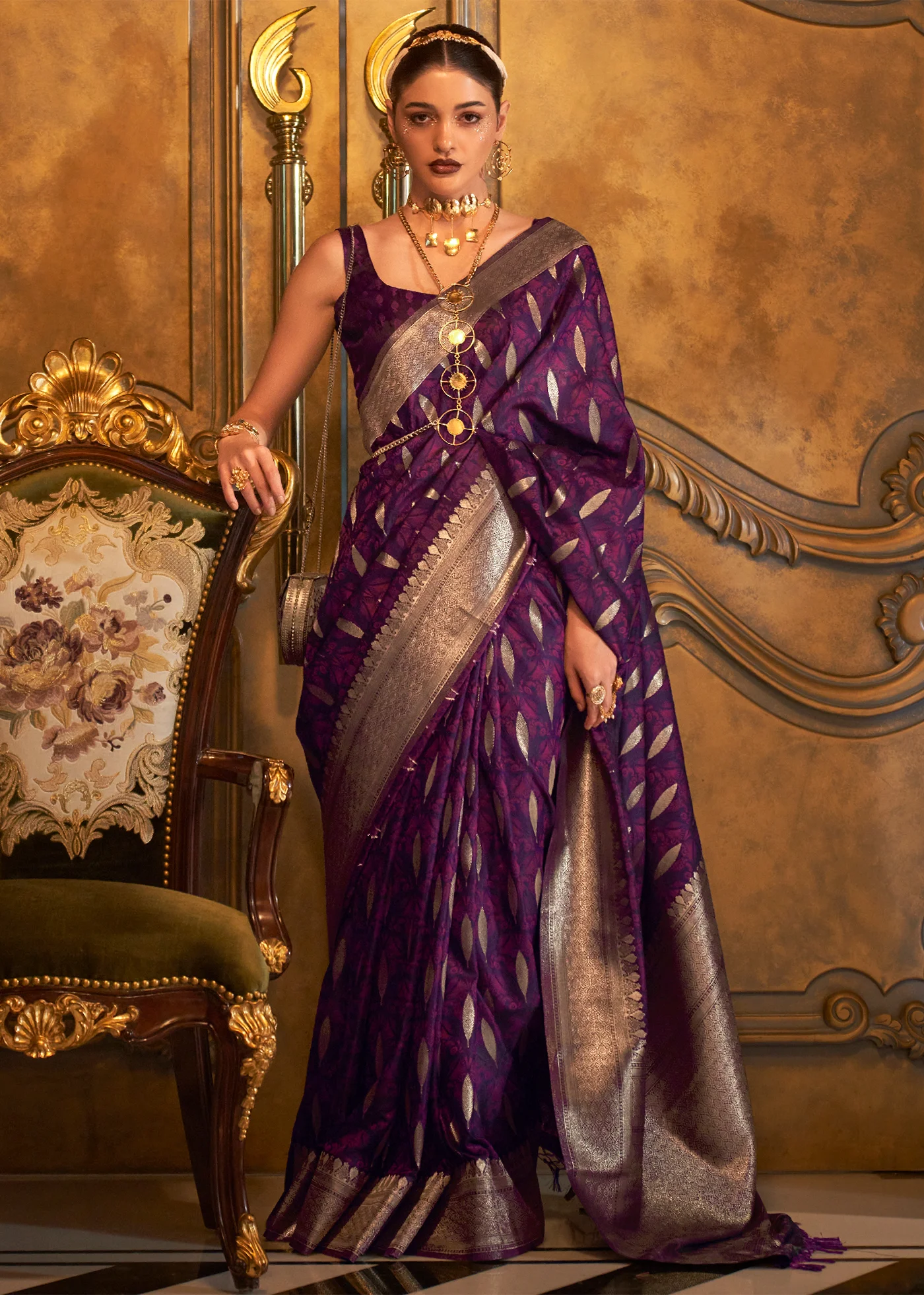 Trending Party Wear Women's Banarasi Zari Woven / Jacquard Kanjivaram /  Litchi SILK Saree / With Purple Blouse Piece