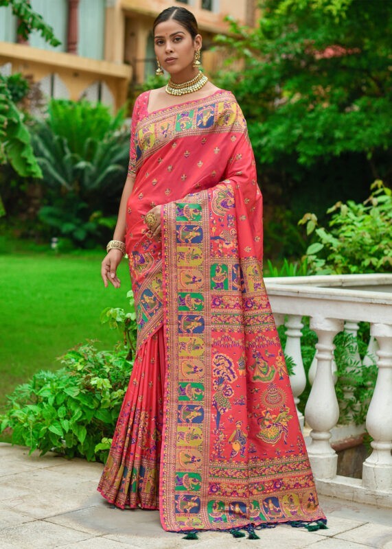 Strawberry Red Kashmiri Jamawar Silk Saree