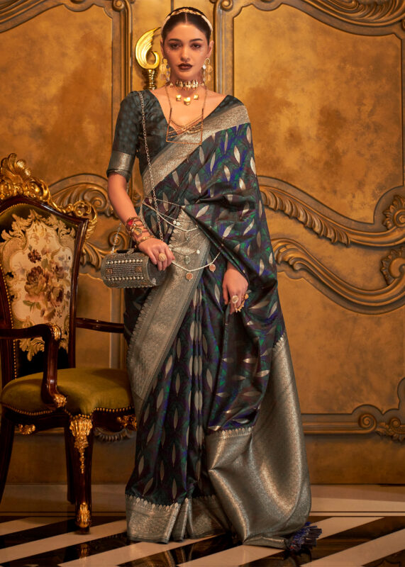 Turkish Blue Banarasi Satin Silk Saree