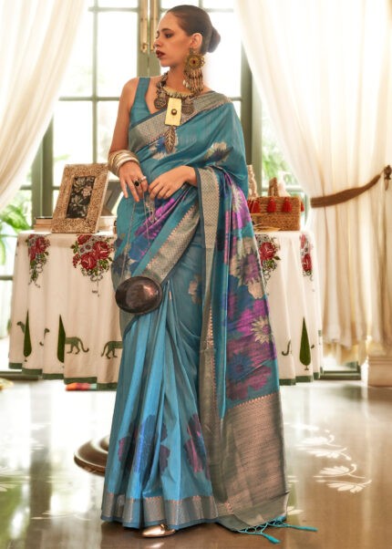 Turquoise Blue Banarasi Silk Handloom Saree