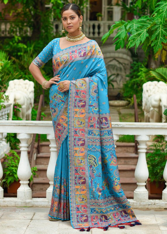 Turquoise Blue Kashmiri Jamawar Silk Saree