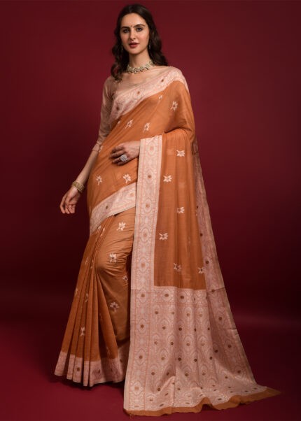 Apricot Orange Chikankari Chanderi Saree